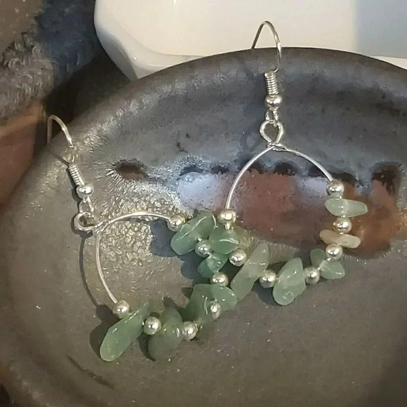 Handcrafted Baroque Green Agate Gemstone Sterling Silver Plated Beads Earrings - Picture 1 of 8